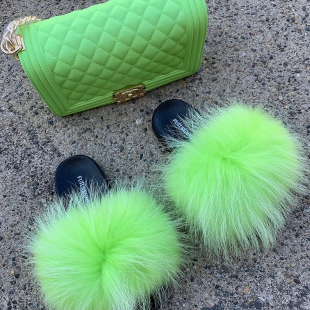 Lime Real Fur Slides - image 1